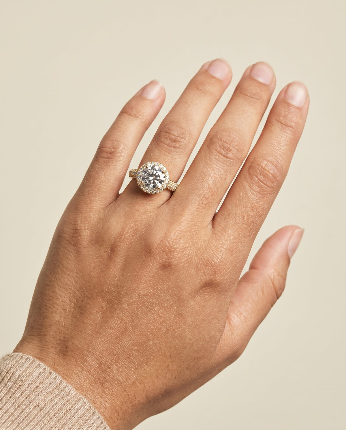 Ella Select Halo Round Lab Diamond Engagement Ring in 18K Yellow Gold, shown on hand | RockHer