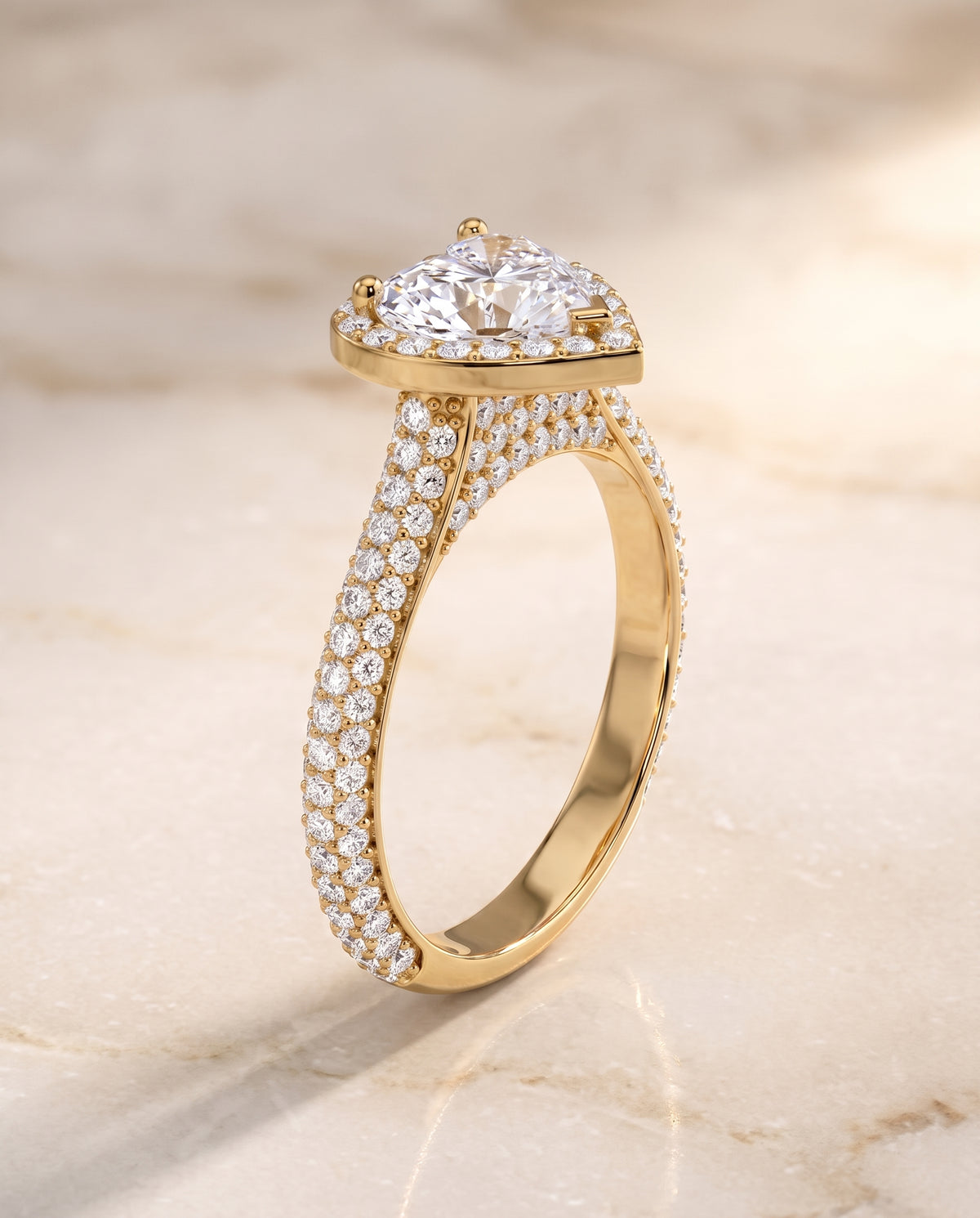 The Ella Micro Pavé Triple Row Halo Heart Engagement Ring Setting in 18K Yellow Gold