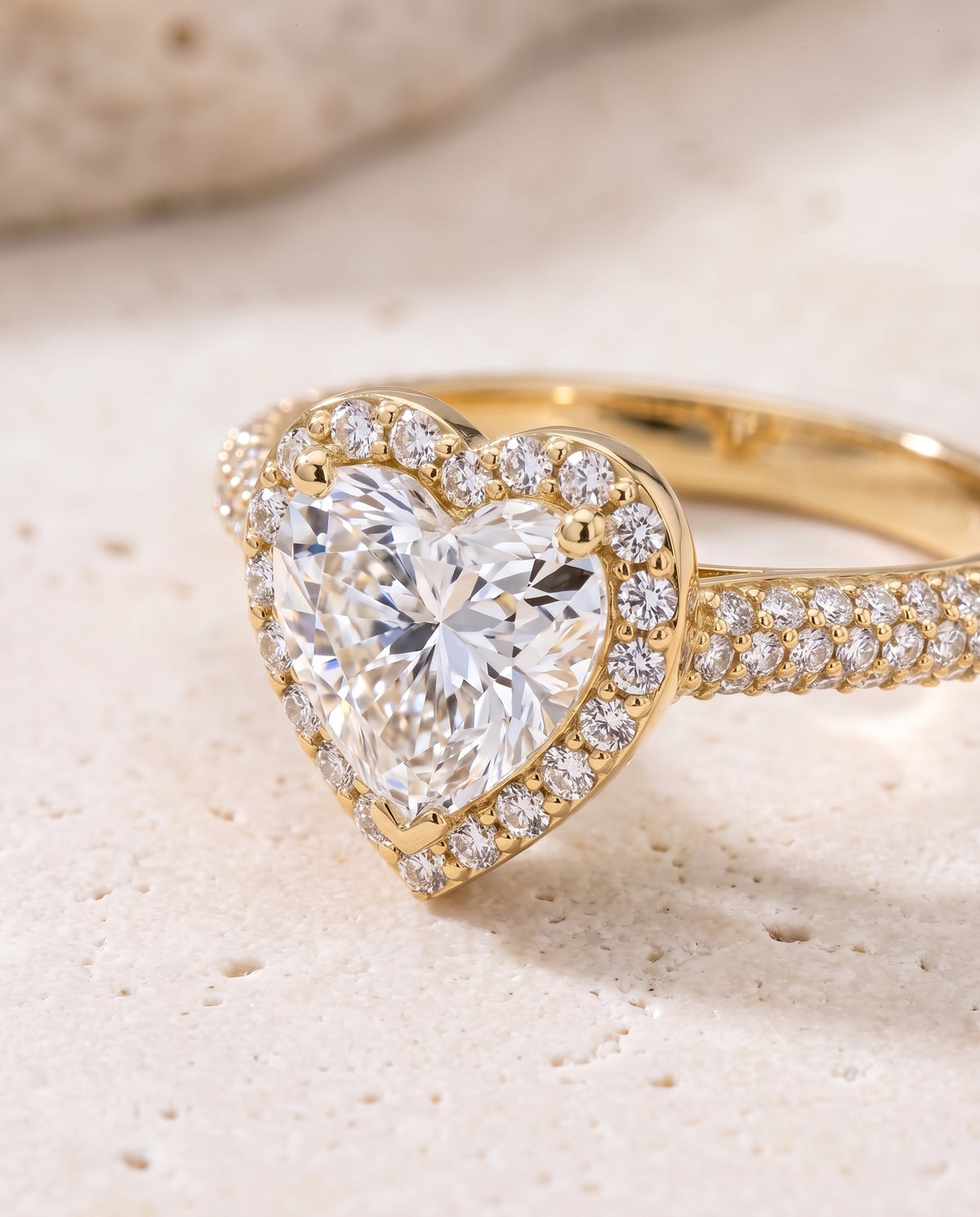 The Ella Micro Pavé Triple Row Halo Heart Engagement Ring Setting in 18K Yellow Gold