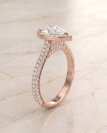 The Ella Micro Pavé Triple Row Halo Pear Engagement Ring Setting in 14K Rose Gold