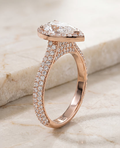 The Ella Micro Pavé Triple Row Halo Pear Engagement Ring Setting in 14K Rose Gold