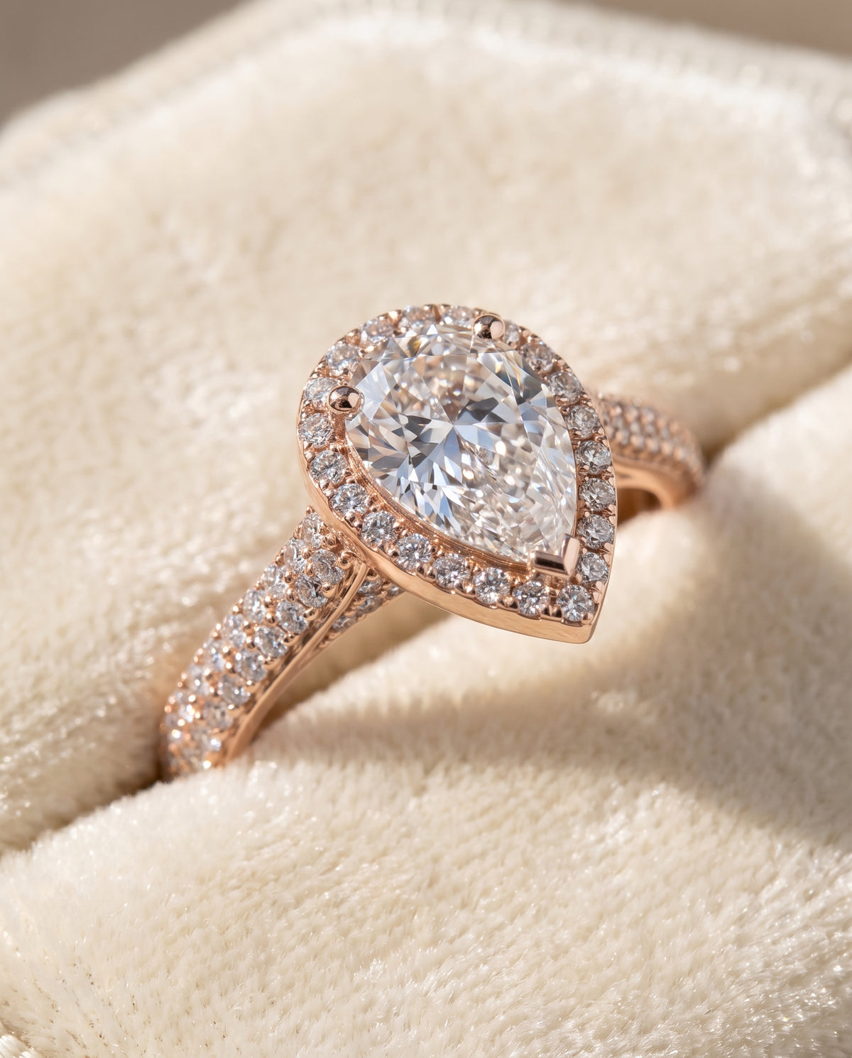The Ella Micro Pavé Triple Row Halo Pear Engagement Ring Setting in 14K Rose Gold