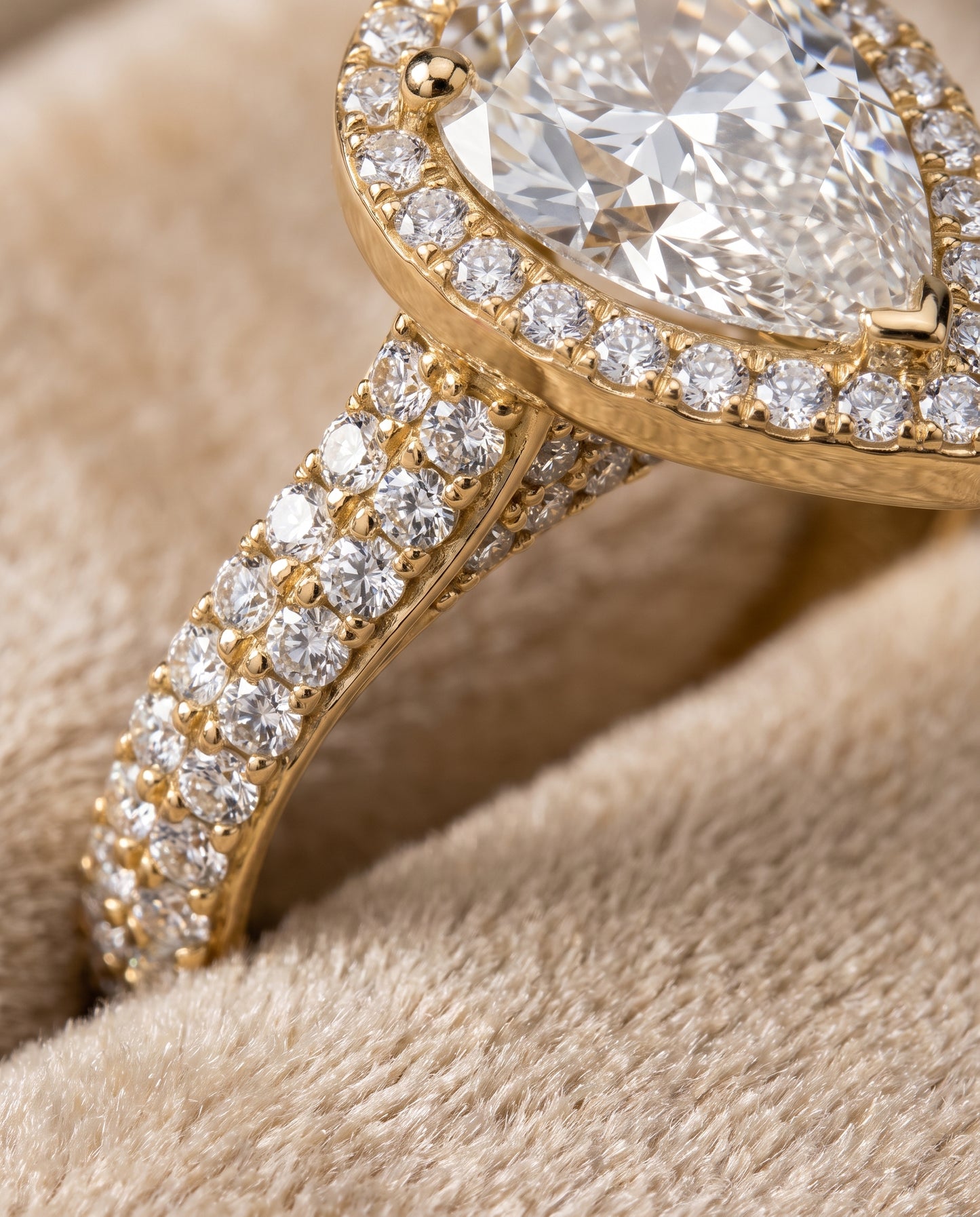 The Ella Micro Pavé Triple Row Halo Pear Engagement Ring Setting in 18K Yellow Gold