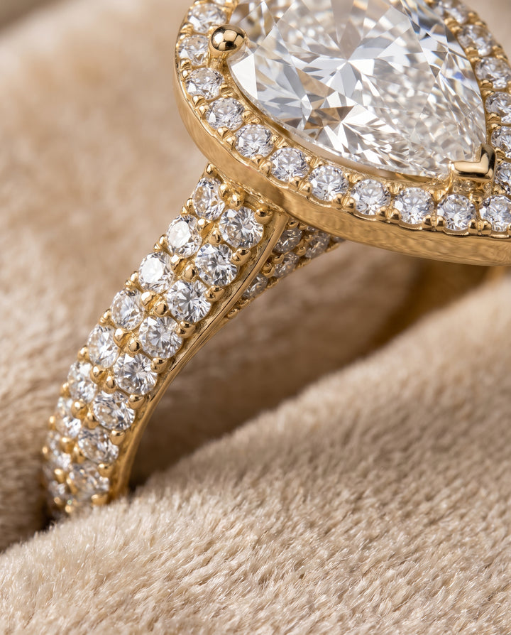 The Ella Micro Pavé Triple Row Halo Pear Engagement Ring Setting in 18K Yellow Gold