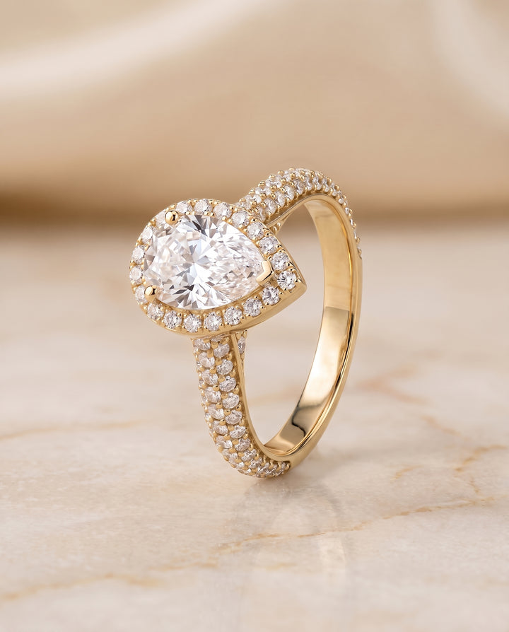 The Ella Micro Pavé Triple Row Halo Pear Engagement Ring Setting in 18K Yellow Gold