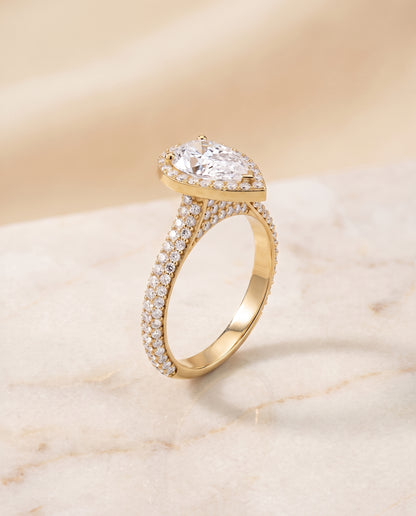 The Ella Micro Pavé Triple Row Halo Pear Engagement Ring Setting in 18K Yellow Gold