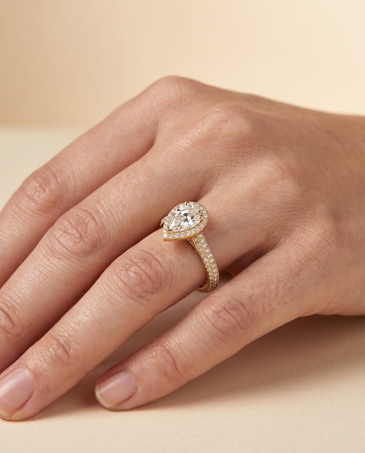 The Ella Micro Pavé Triple Row Halo Pear Engagement Ring Setting in 18K Yellow Gold