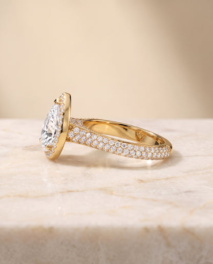 The Ella Micro Pavé Triple Row Halo Pear Engagement Ring Setting in 18K Yellow Gold