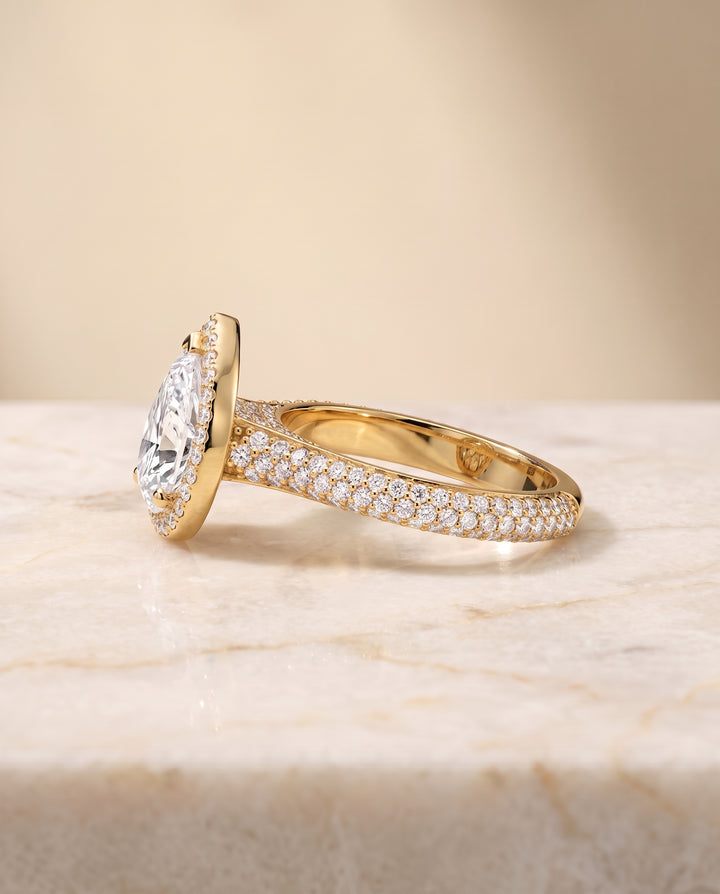 The Ella Micro Pavé Triple Row Halo Pear Engagement Ring Setting in 18K Yellow Gold