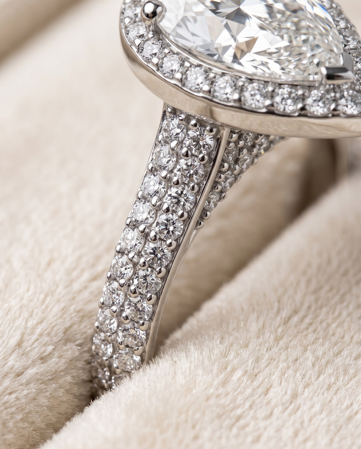 The Ella Micro Pavé Triple Row Halo Pear Engagement Ring Setting in Platinum