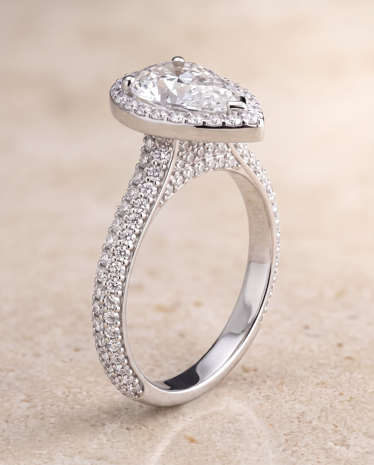 The Ella Micro Pavé Triple Row Halo Pear Engagement Ring Setting in Platinum