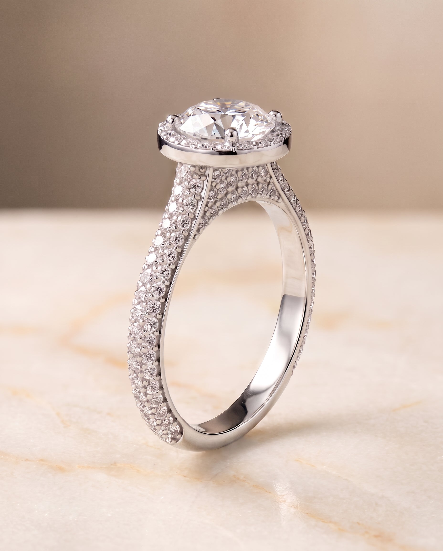 Micro Pavé Triple Row Halo styling on The Ella round engagement ring setting | RockHer