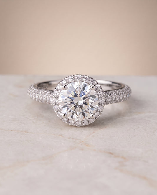 The Ella Micro Pavé Triple Row Halo Round Engagement Ring Setting in 18K White Gold
