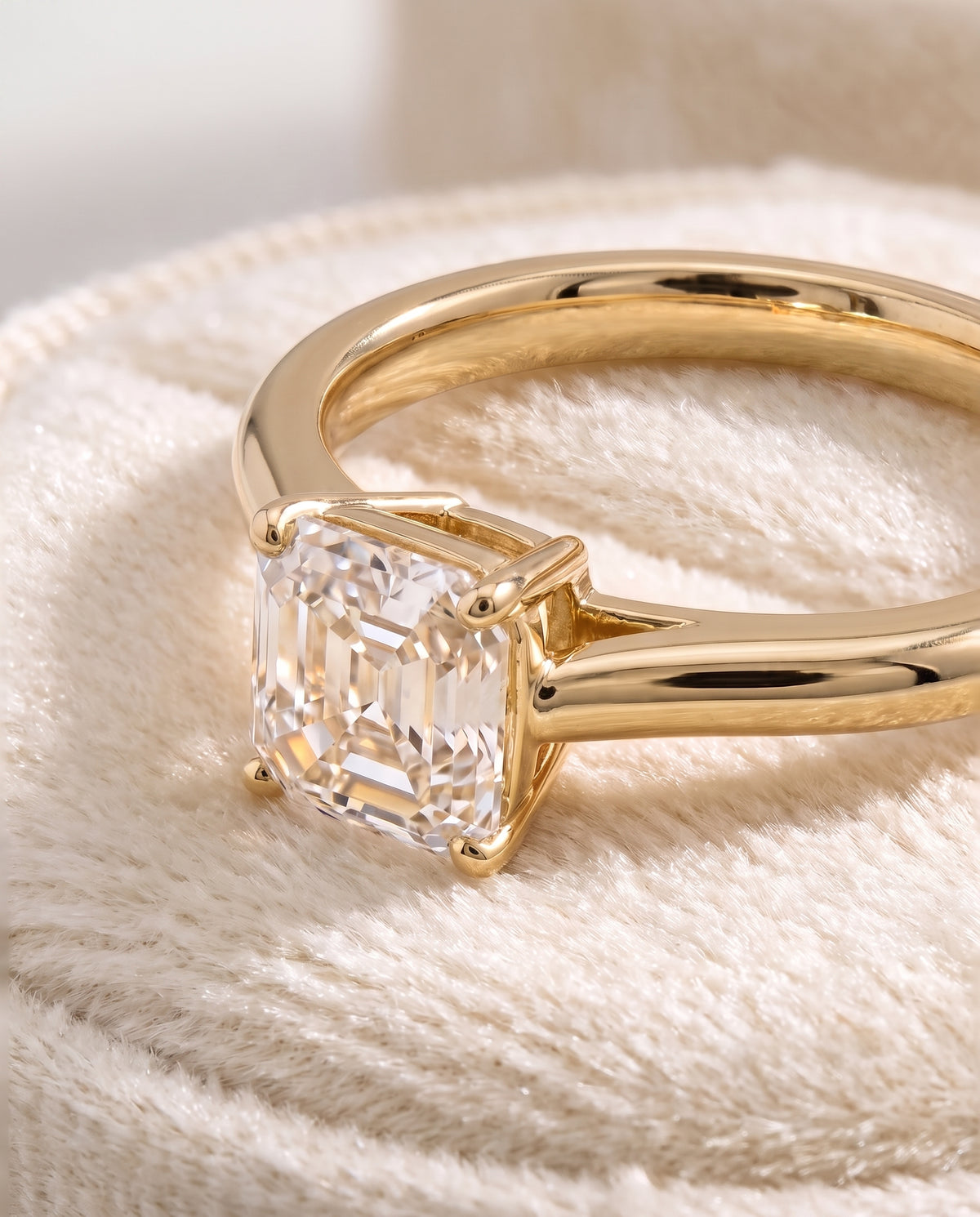 The Ellie Cathedral Comfort Fit Solitaire Asscher Cut Engagement Ring Setting in 18K Yellow Gold