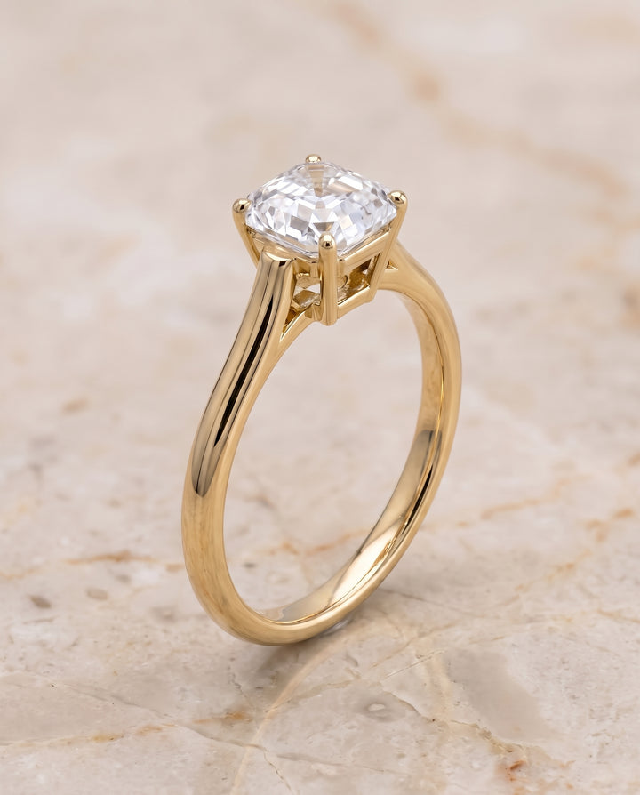 The Ellie Cathedral Comfort Fit Solitaire Asscher Cut Engagement Ring Setting in 18K Yellow Gold