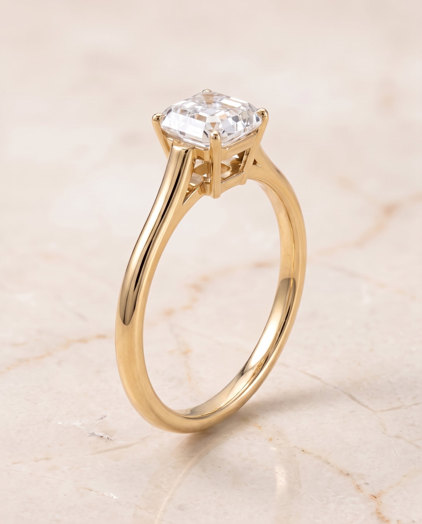 The Ellie Cathedral Comfort Fit Solitaire Asscher Cut Engagement Ring Setting in 18K Yellow Gold
