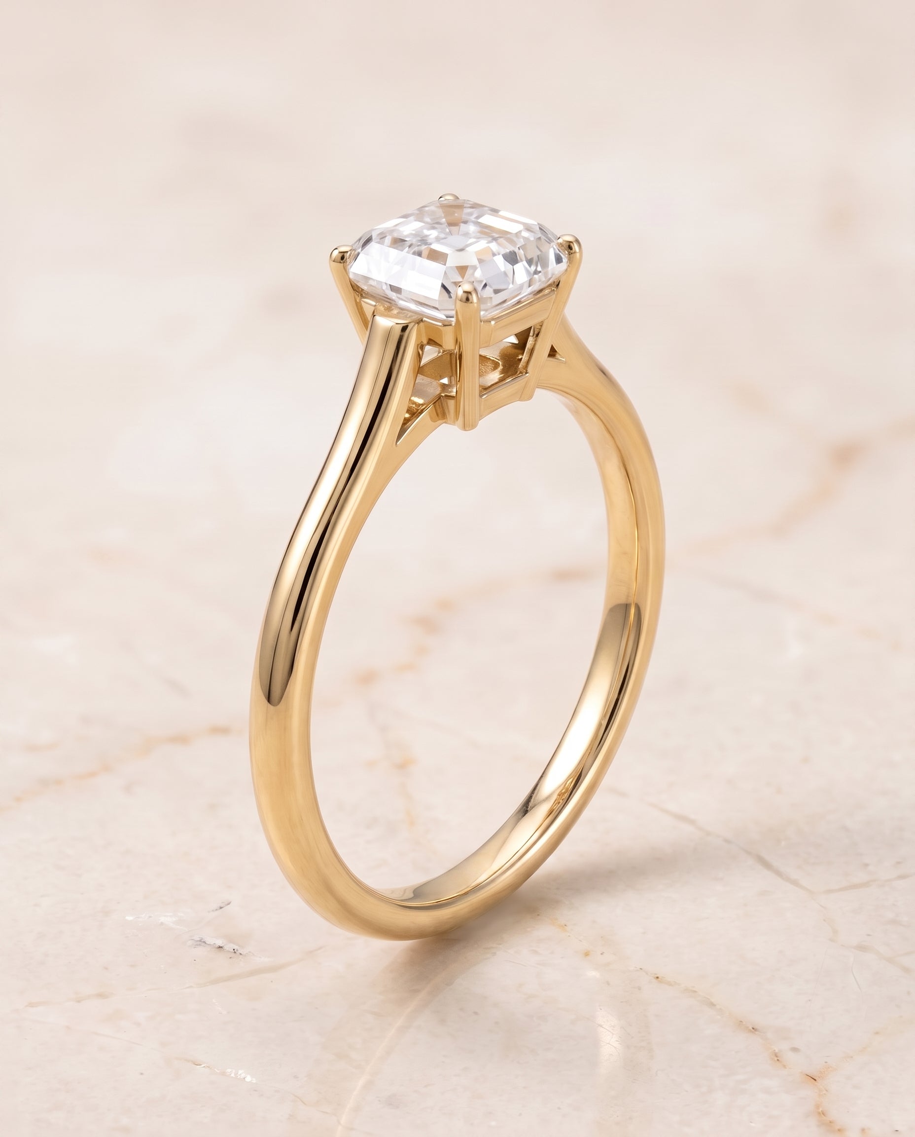 The Ellie Cathedral Comfort Fit Solitaire Asscher Cut Engagement Ring Setting in 18K Yellow Gold