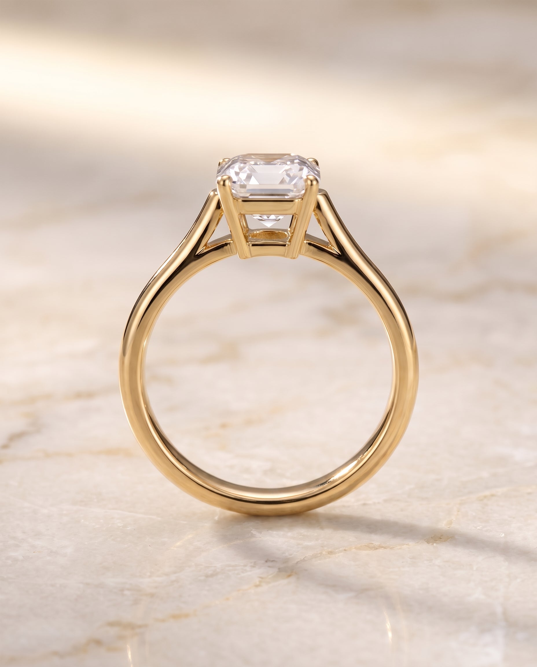 The Ellie Cathedral Comfort Fit Solitaire Asscher Cut Engagement Ring Setting in 18K Yellow Gold