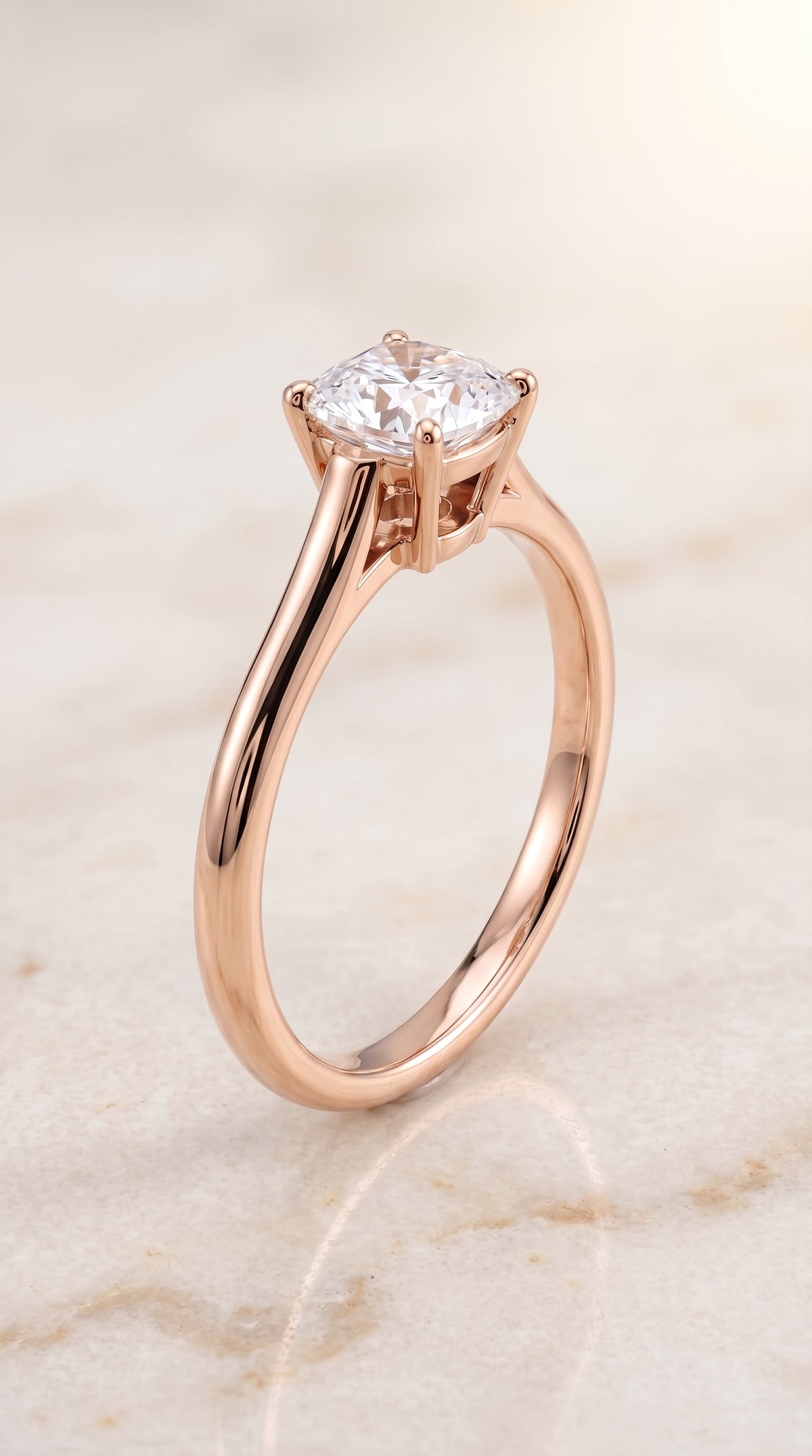 The Ellie Cathedral Comfort Fit Solitaire Cushion Cut Engagement Ring Setting in 14K Rose Gold
