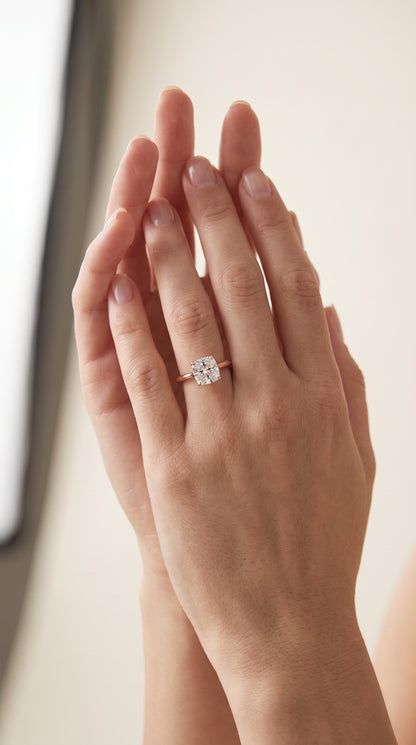 The Ellie Cathedral Comfort Fit Solitaire Cushion Cut Engagement Ring Setting in 14K Rose Gold