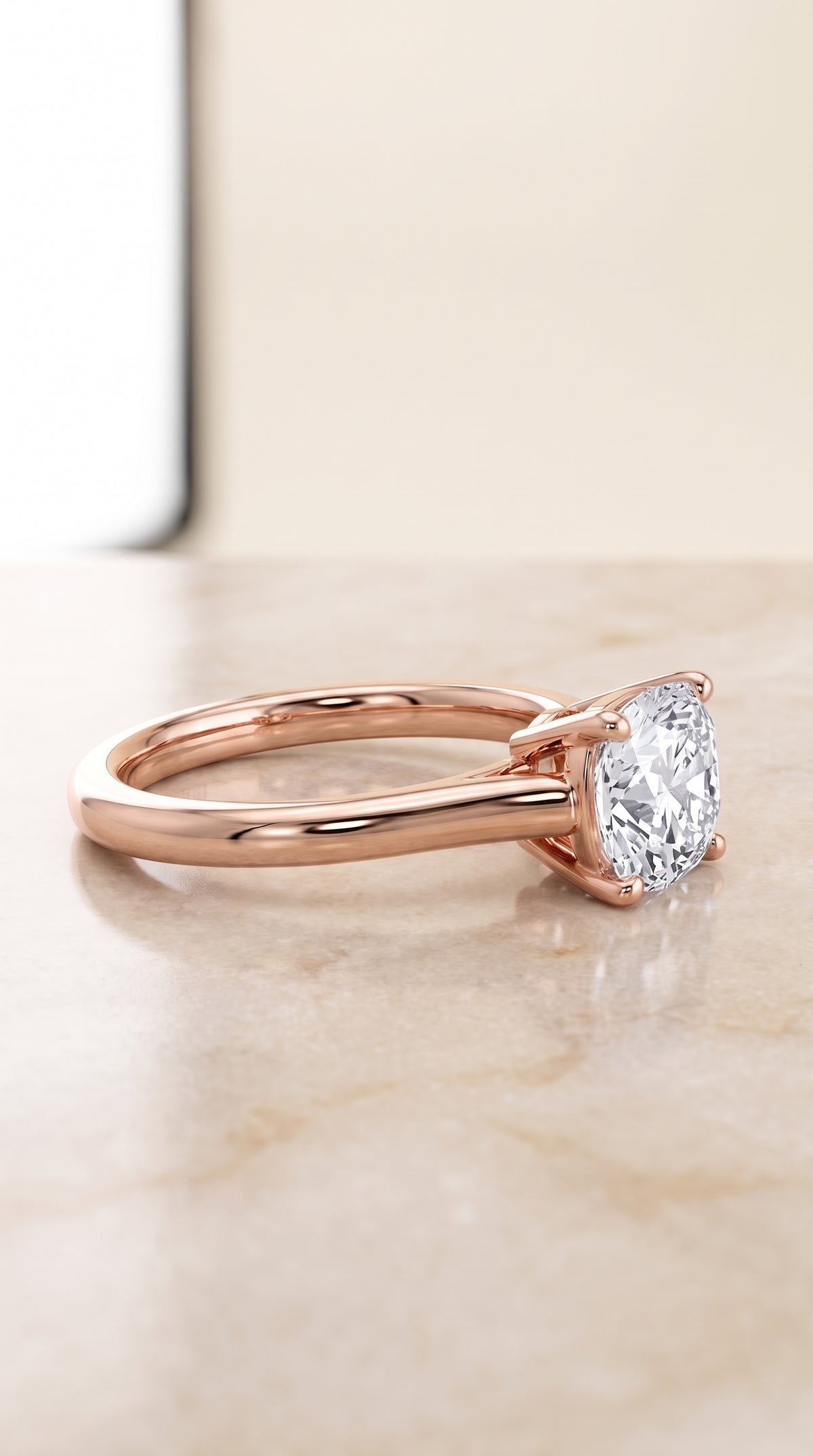The Ellie Cathedral Comfort Fit Solitaire Cushion Cut Engagement Ring Setting in 14K Rose Gold