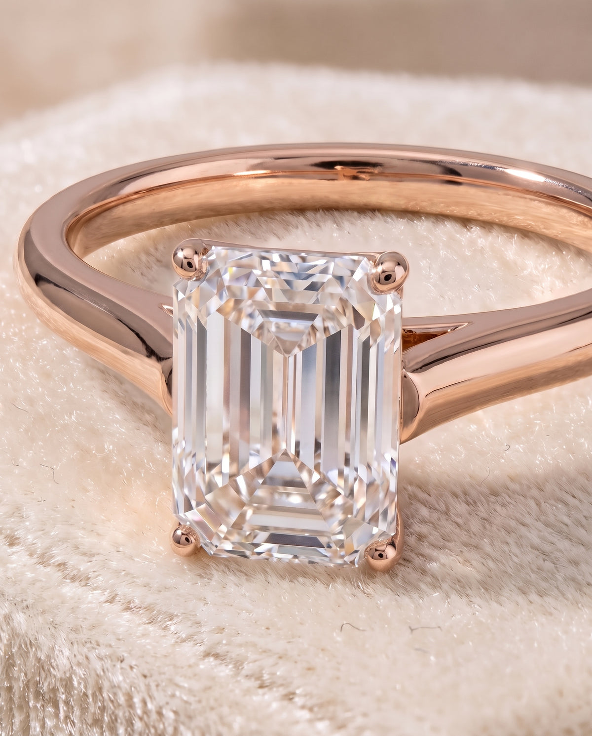 The Ellie Cathedral Comfort Fit Solitaire Emerald Cut Engagement Ring Setting in 14K Rose Gold