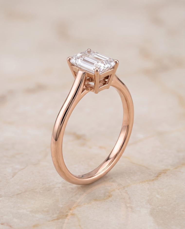 The Ellie Cathedral Comfort Fit Solitaire Emerald Cut Engagement Ring Setting in 14K Rose Gold