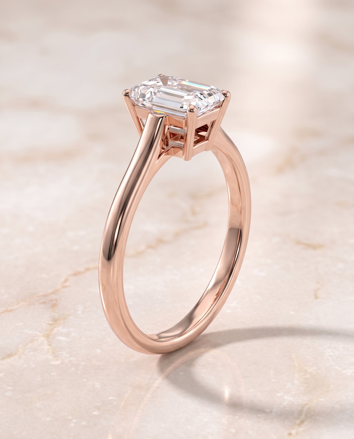The Ellie Cathedral Comfort Fit Solitaire Emerald Cut Engagement Ring Setting in 14K Rose Gold