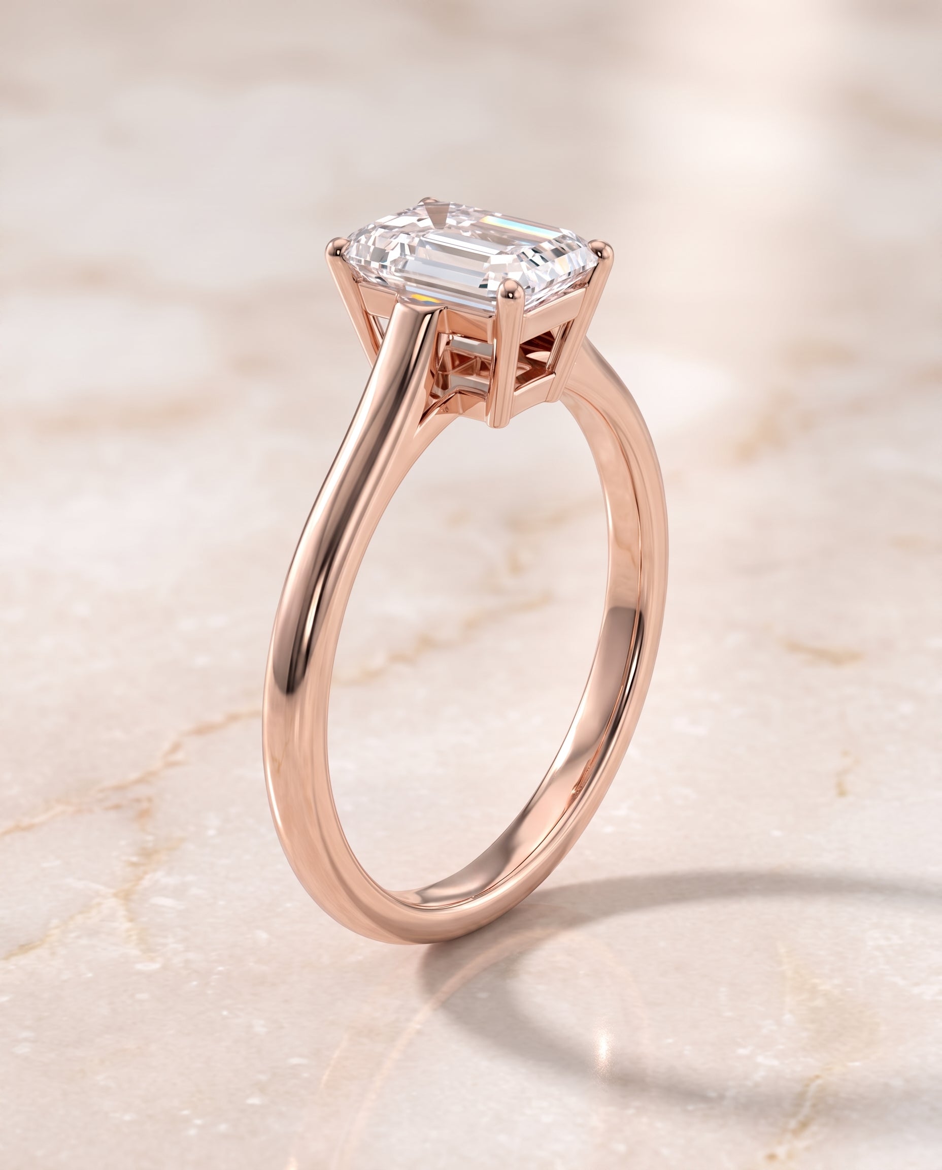 The Ellie Cathedral Comfort Fit Solitaire Emerald Cut Engagement Ring Setting in 14K Rose Gold