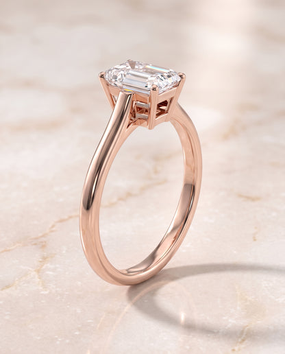 The Ellie Cathedral Comfort Fit Solitaire Emerald Cut Engagement Ring Setting in 14K Rose Gold