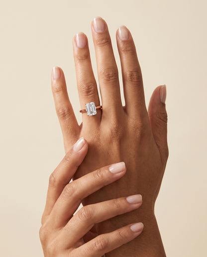 The Ellie Cathedral Comfort Fit Solitaire Emerald Cut Engagement Ring Setting in 14K Rose Gold