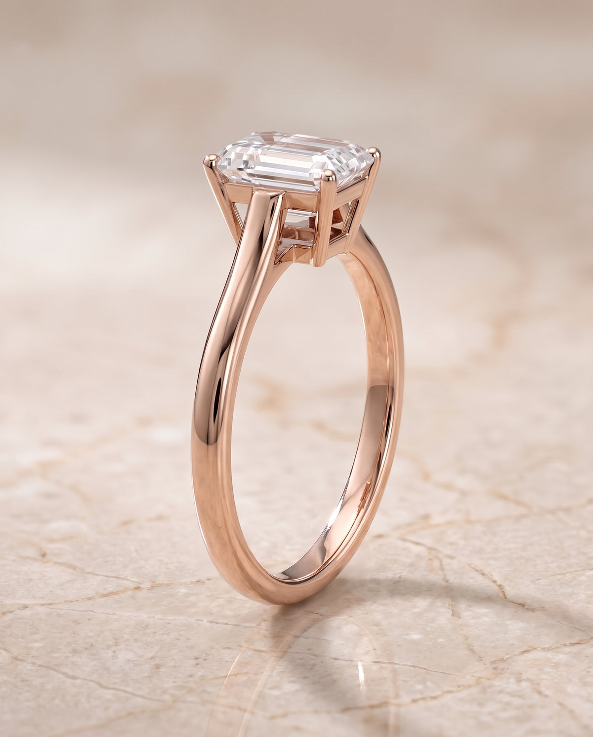 The Ellie Cathedral Comfort Fit Solitaire Emerald Cut Engagement Ring Setting in 14K Rose Gold