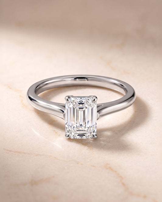 The Ellie Cathedral Comfort Fit Solitaire Emerald Cut Engagement Ring Setting in 18K White Gold