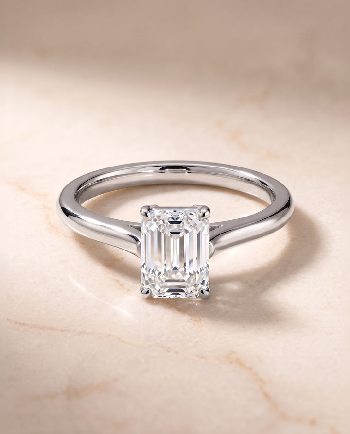 The Ellie Cathedral Comfort Fit Solitaire Emerald Cut Engagement Ring Setting in Platinum
