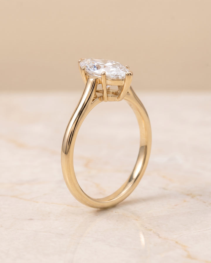 The Ellie Cathedral Comfort Fit Solitaire Marquise Engagement Ring Setting in 18K Yellow Gold