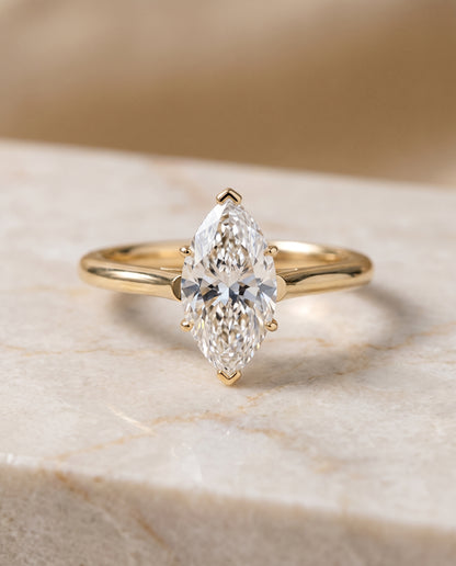 The Ellie Cathedral Comfort Fit Solitaire Marquise Engagement Ring Setting in 18K Yellow Gold