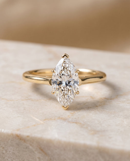 The Ellie Cathedral Comfort Fit Solitaire Marquise Engagement Ring Setting in 18K Yellow Gold