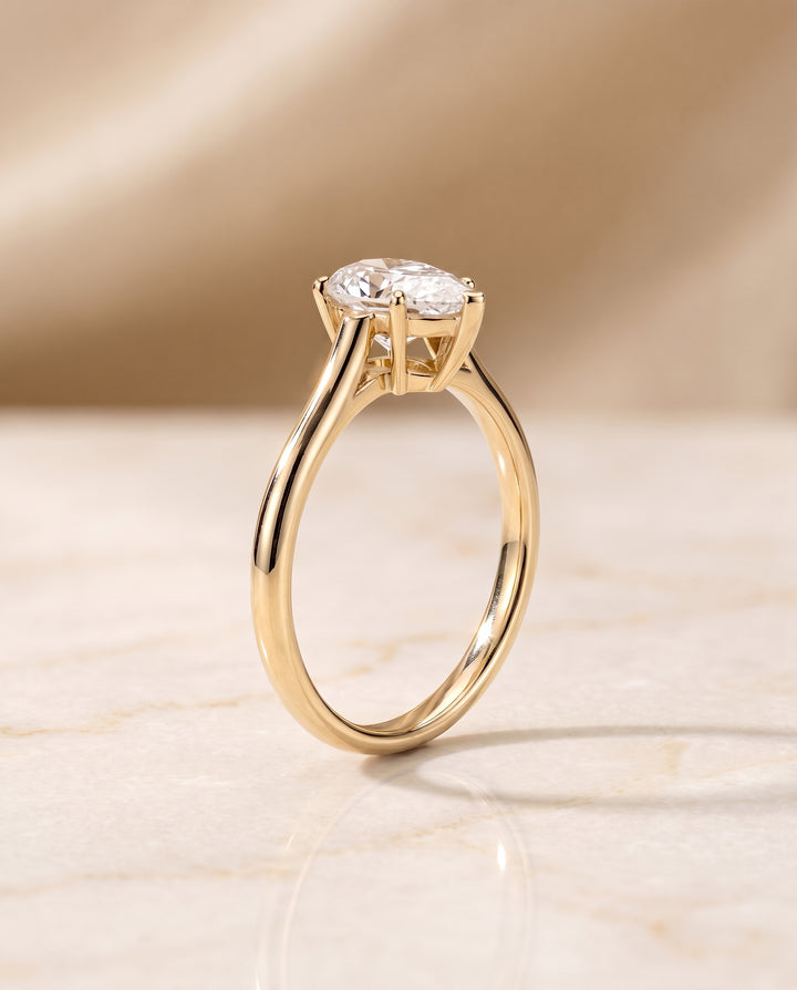 The Ellie Cathedral Comfort Fit Solitaire Pear Engagement Ring Setting in 18K Yellow Gold