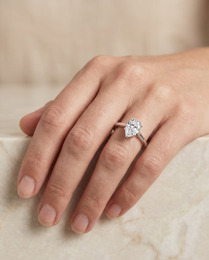 The Ellie Cathedral Comfort Fit Solitaire Pear Engagement Ring Setting in 18K White Gold