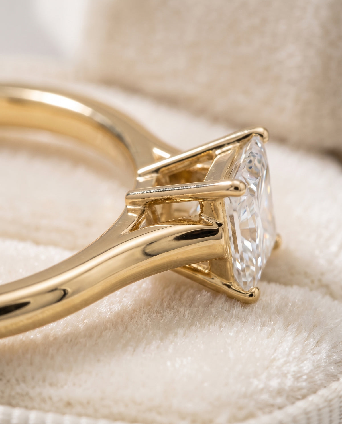 The Ellie Cathedral Comfort Fit Solitaire Princess Cut Engagement Ring Setting in 18K Yellow Gold