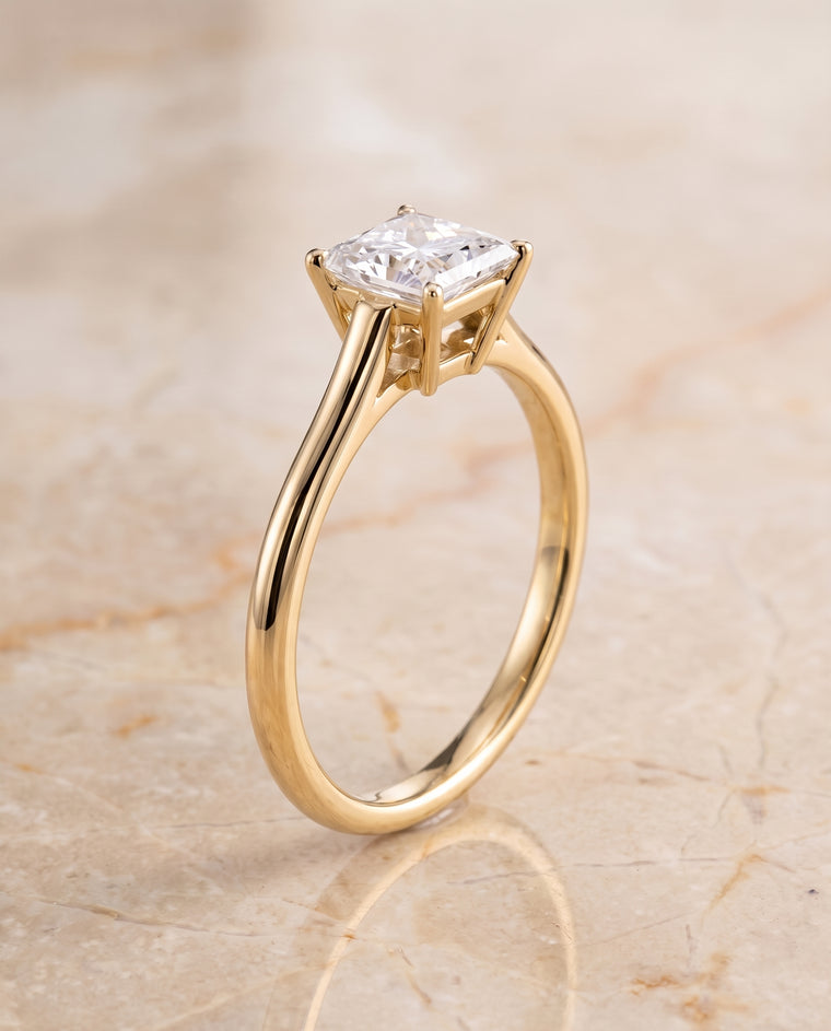 The Ellie Cathedral Comfort Fit Solitaire Princess Cut Engagement Ring Setting in 18K Yellow Gold