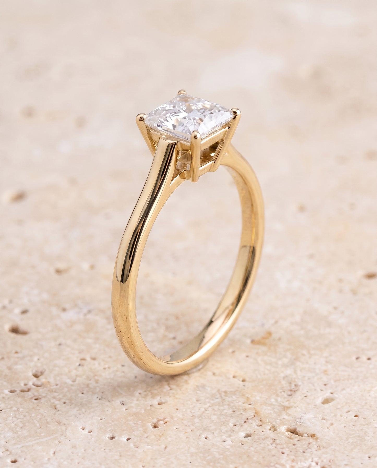 The Ellie Cathedral Comfort Fit Solitaire Princess Cut Engagement Ring Setting in 18K Yellow Gold