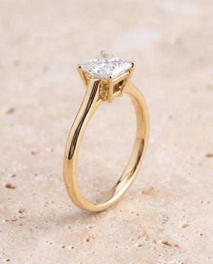 The Ellie Cathedral Comfort Fit Solitaire Princess Cut Engagement Ring Setting in 18K Yellow Gold