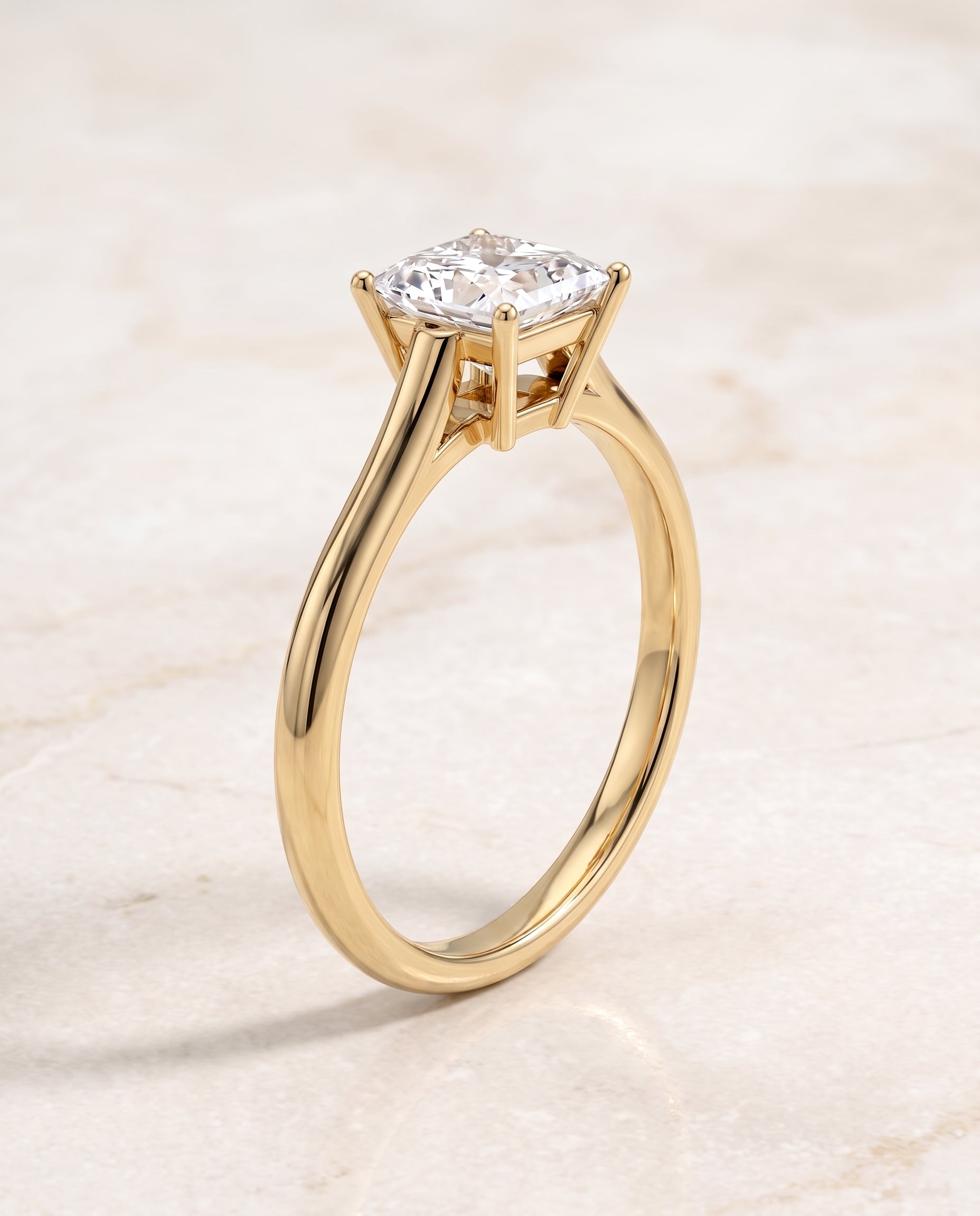 The Ellie Cathedral Comfort Fit Solitaire Princess Cut Engagement Ring Setting in 18K Yellow Gold