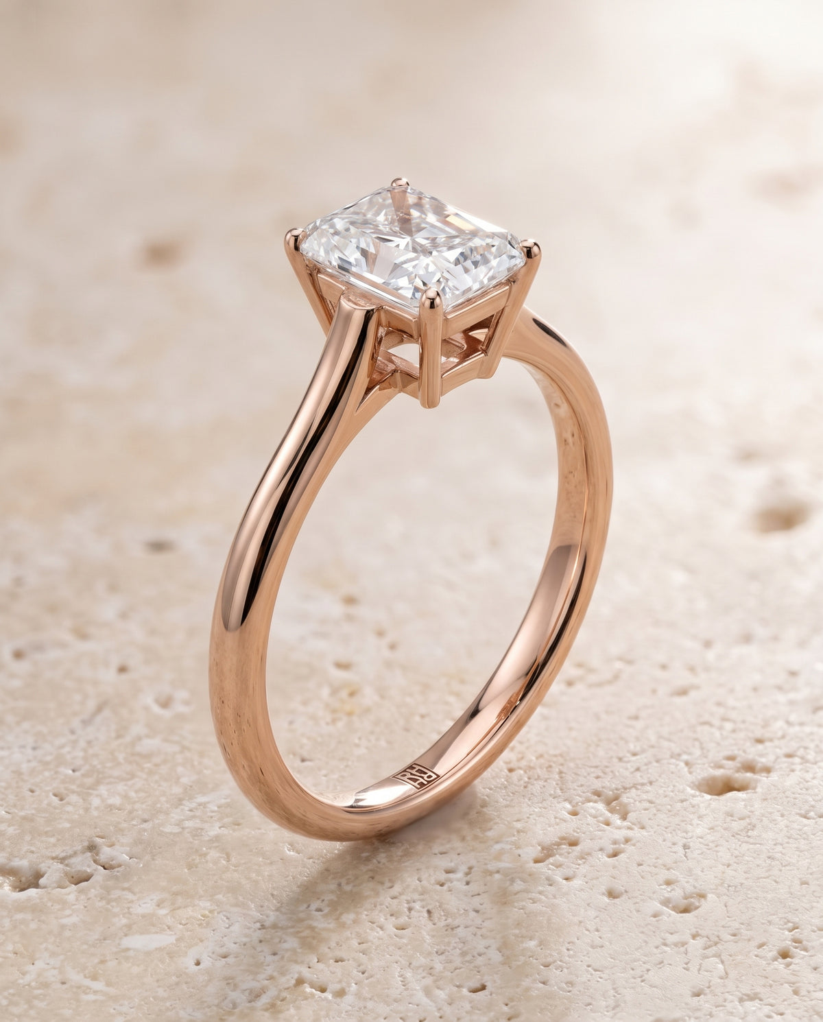 Radiant engagement ring setting in 14K Rose Gold, Ellie Cathedral Comfort Fit Solitaire Radiant Cut, alternate view | RockHer