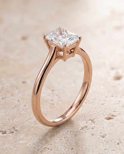 Radiant engagement ring setting in 14K Rose Gold, Ellie Cathedral Comfort Fit Solitaire Radiant Cut, alternate view | RockHer