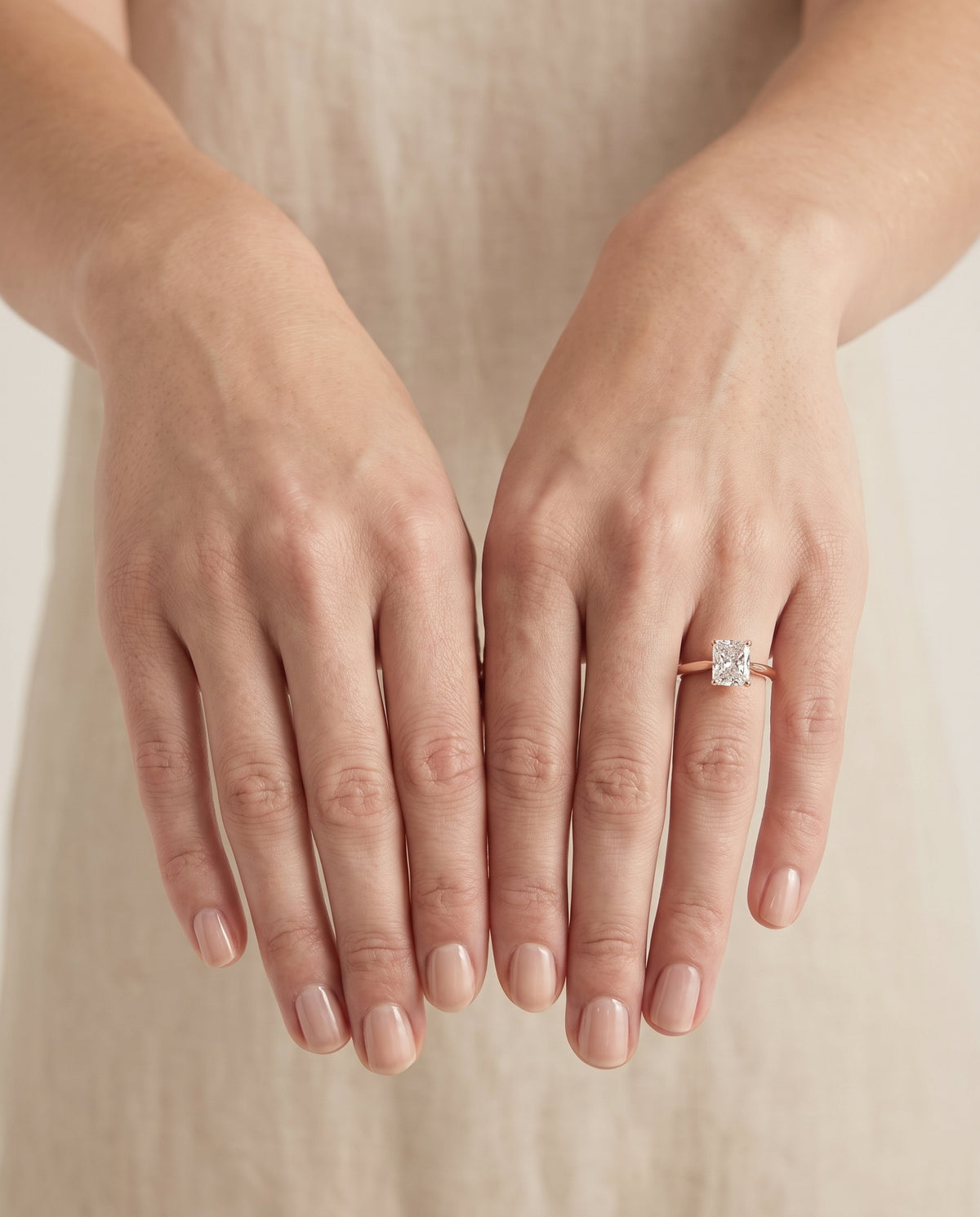 Radiant engagement ring setting in 14K Rose Gold, Ellie Cathedral Comfort Fit Solitaire Radiant Cut, alternate view | RockHer