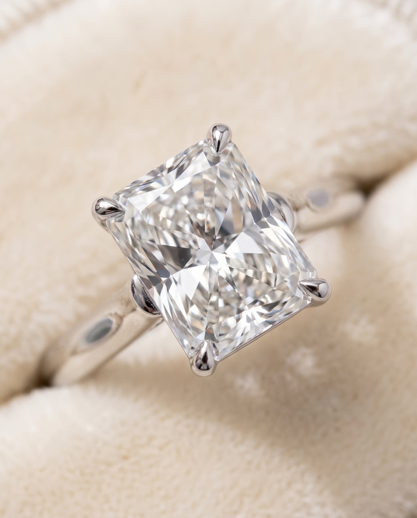 The Ellie Cathedral Comfort Fit Solitaire Radiant Cut Engagement Ring Setting in 18K White Gold