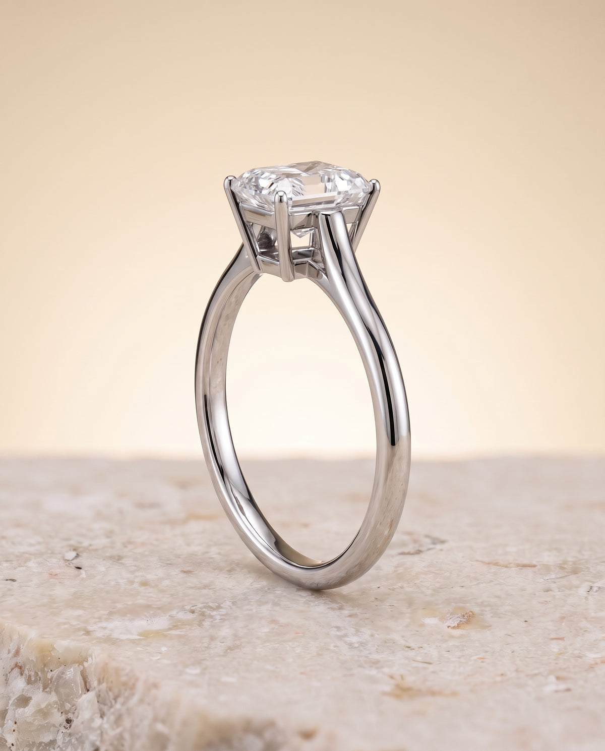 The Ellie Cathedral Comfort Fit Solitaire Radiant Cut Engagement Ring Setting in 18K White Gold