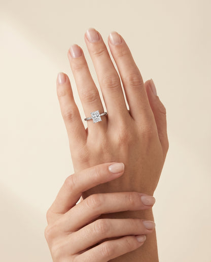 The Ellie Cathedral Comfort Fit Solitaire Radiant Cut Engagement Ring Setting in 18K White Gold